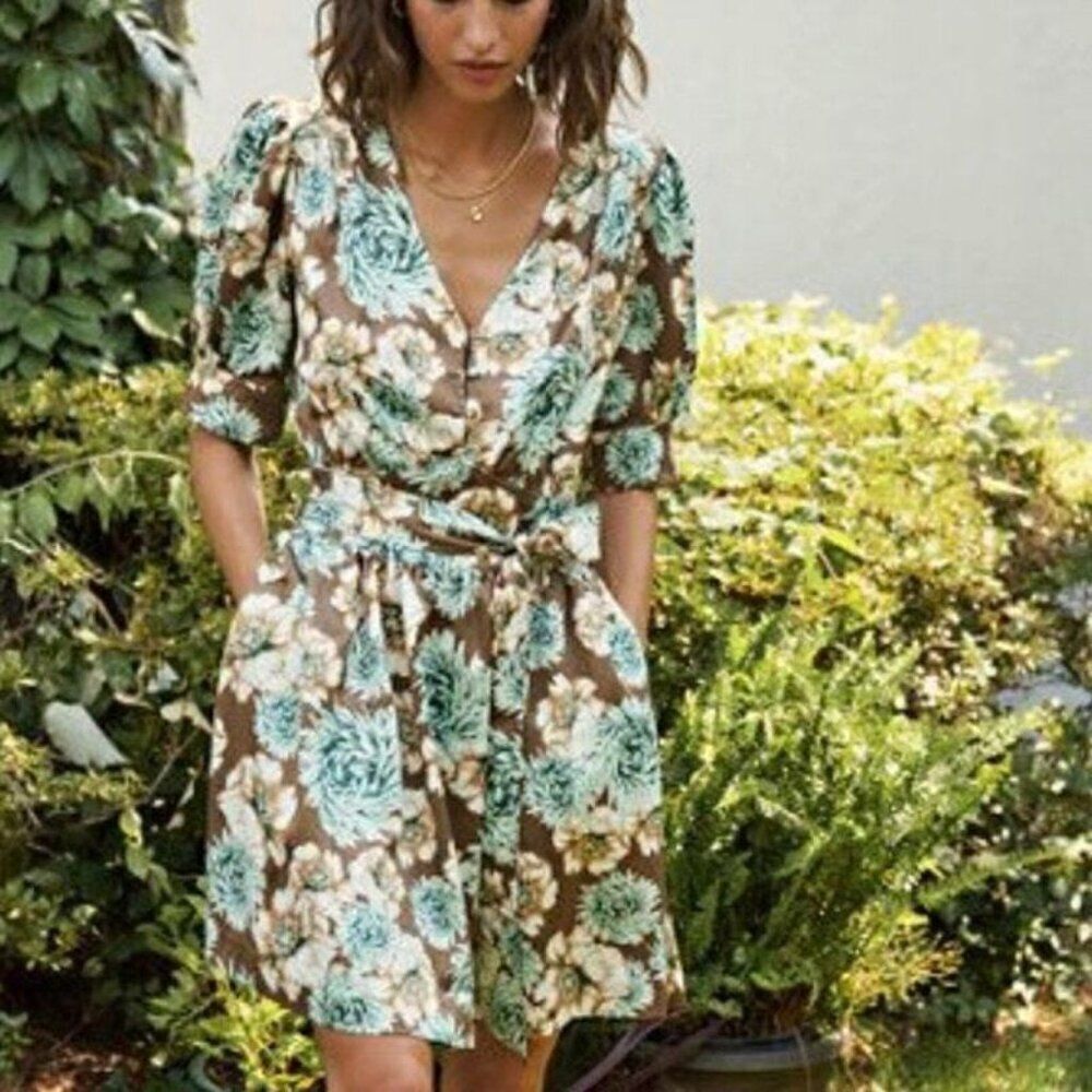 NWT Happy Nature-Kate Hudson Floral Puff Sleeve Mini Dress Sz L